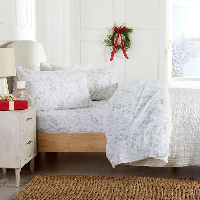 Market & Place 100% Cotton King Flannel Sheet Set | 4 Piece Deep Pocket Cozy Winter Floral Bed Sheets | Double Brushed for Extra Softness & Comfort | Alpine Collection (King, Eucalyptus Leaves)