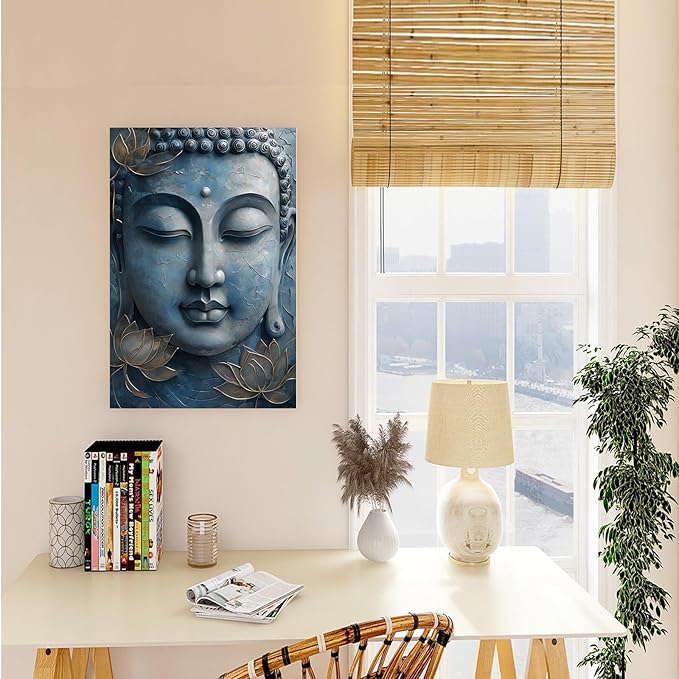 Canvas wall art Golden lotus crown Serene Buddha poster Ethereal blue toned art with delicate floral decor Zen wall art for a tranquil meditation space 16x24in Wood Framed