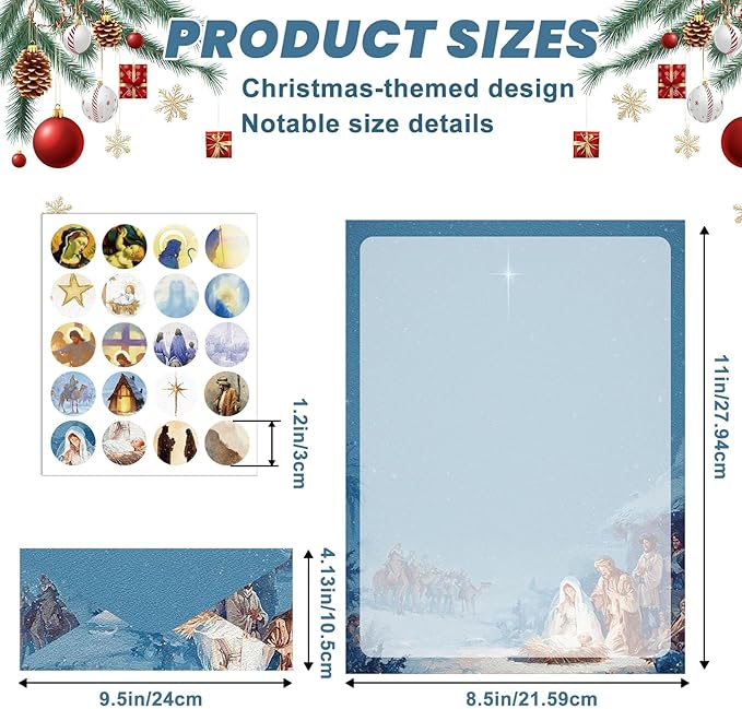 EggSun 250Pcs Christmas Stationery Paper and Envelope Set with 100 Letterhead Papers and 50 Envelopes, 10 Design for Letter Writing Invitations Computer Holidays Party Notes, 8.5x11 Inch-Nativity