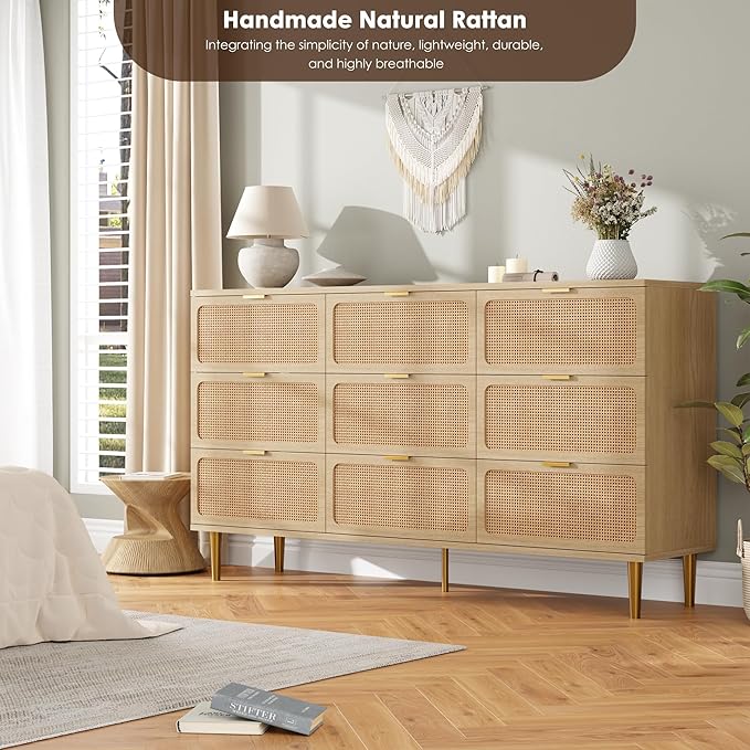 Garvee Rattan Dresser with 9 Drawers, Tall Modern Closet with Deep Storage, Large Chest of Drawers with Wide Top, Long Wooden Dresser for Bedroom, Living Room, Hallway, Kids Room, Natural