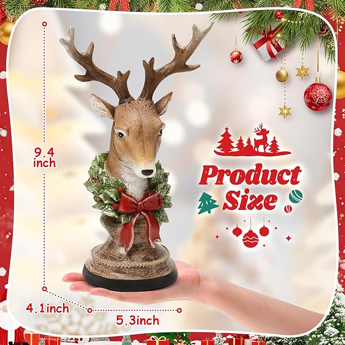 Christmas Reindeer Head Statues, Deer Head with Wreath, Reindeer Christmas Table Decoration for Home Indoor Resin Xmas Deer Figurine Winter Holiday New Year Gift for Woman
