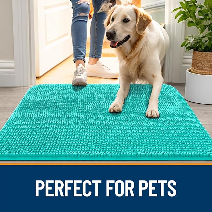 OLANLY Dog Door Mat for Muddy Paws 47x20, Absorbs Moisture and Dirt, Absorbent Non-Slip Washable Doormat, Quick Dry Chenille Mud Mat for Dogs, Entry Indoor Entryway Carpet for Inside Floor, Teal