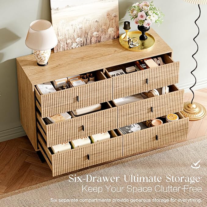 Chrangmay Modern Chest of Drawers with 6 Drawers,Deep Drawers,Clothes Organizer,Large Storage Cabinet for Living Room, Bedroom,Hallway,with Anti-Tipping Device,Wood