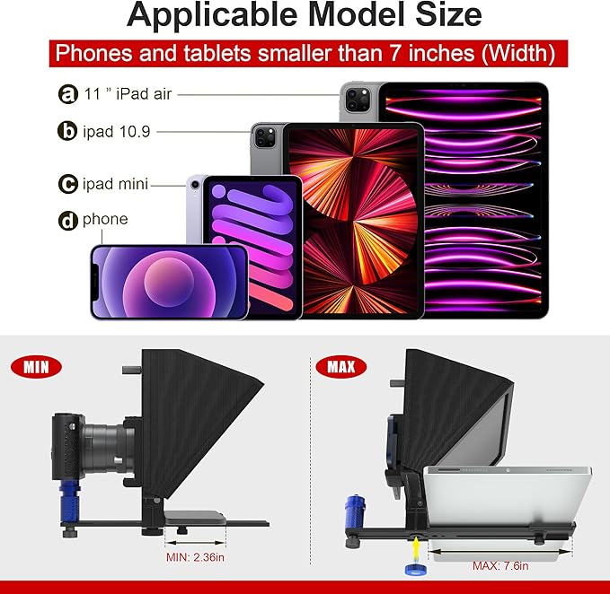 9.3-Inch All-Metal Teleprompter, 70/30 Beam Split Glass, 1/4’’ Thread, Phone & Camera Compatible, Portable for Video Recording