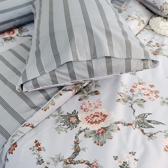 FADFAY Duvet Cover Set Queen Elegant Floral Bedding Shabby Grey Bird Print Flower Quilt Cover Set Vintage Farmhouse Bedding 100% Cotton Soft Comforter Cover Set with Zipper Closure 3Pcs, Queen Size
