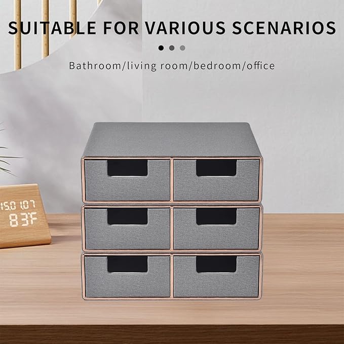 RHCSZ Linen Leather Desk Organizer with Drawers－Mini Desktop Drawer Organizer Stackable－Multifunctional Tabletop Organization Storage Box for Office Supplies Home Vanity Toiletries (Grey, 2-drawers)