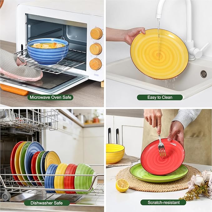 Selamica Ceramic Plates and Bowls Sets,18 Pieces Dinnerware Sets for 6,Dishwasher & Microwave Safe dish set,Family & Holiday Dining, Dopamine