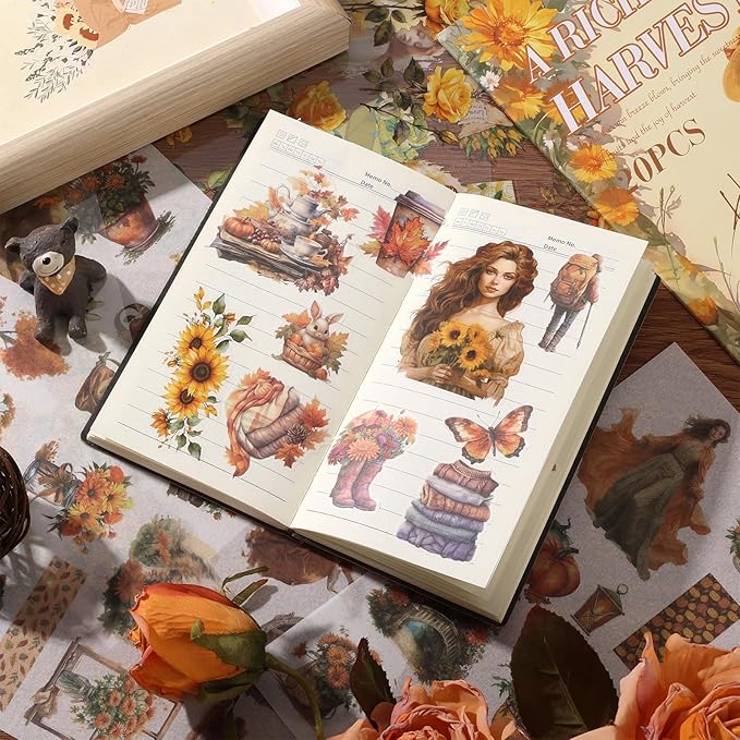 Auguro Scrapbook Stickers 20 Sheets 240 Pre-Cut Washi Stickers for Journaling PET Transparent Book Sticker Sunflower Sticker Decorative or DIY Paper Crafts, Arts and Crafting Projects
