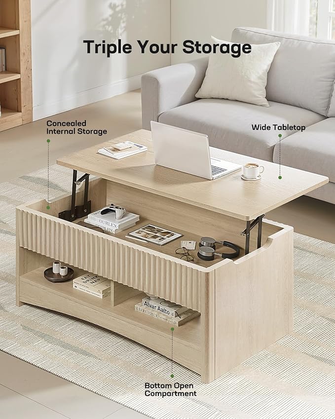 Marsail Lift Top Coffee Table with Open & Hidden Storage, Modern Fluted Coffee Table with Smooth Lift Mechanism, Sturdy Space-Saving Center Table for Home Living Room, Office, Oak