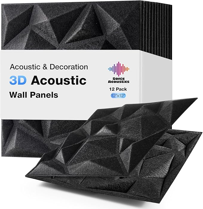 Acoustic 3D Wall Panels,12Pack Sound Proof Felt Panels for Interior Wall Décor, Hollow Sound Absorbing Panel for Studio, Living Room, Home, Hotel, 12''x12'' Cover 24 sq ft (Black, 12 Pack)