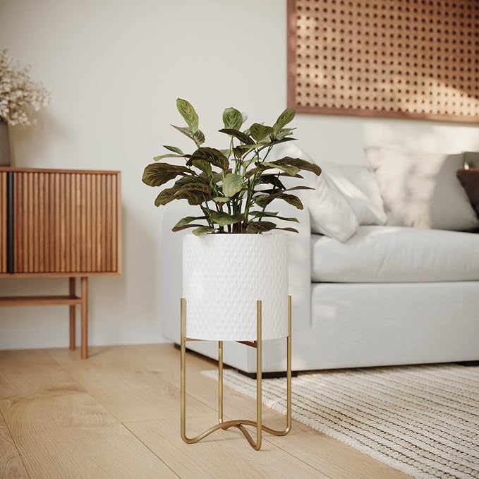 EverNest Claire Mid-Century Modern White Plant Pot with Ambrose Stand, SelectBase, Indoor Planter, Bohemian Style, Minimalist Plant Home Décor (Medium, Gold)