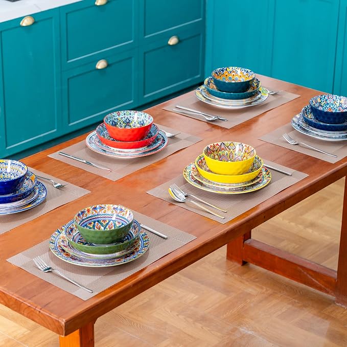 24 Pieces Dinnerware Sets, Ceramic Plates and Bowls Set, Microwave and Dishwasher Safe, Scratch Resistant, Bohemian Style Dishware Set, Service for 6