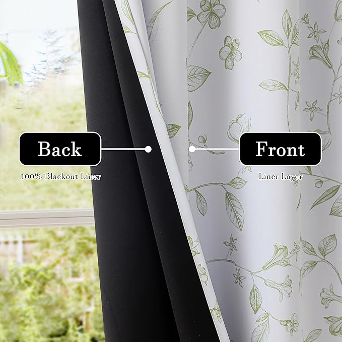 ChrisDowa 100% Blackout Floral Curtains 96 Inches Long 2 Panels for Bedroom Living Room Sage Green Flower Patterned Room Darkening Thermal Insulated Soundproof Grommet Window Treatments Drapes,52X96