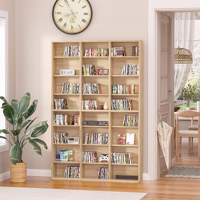 LELELINKY 8 Tier Tall Display Cabinet, Natural Media Storage Cabinet with Adjustable Shelves, Free Standing DVD Organizer Shelf, Floor multimedia storage manga bookshelf for Living Room & Home Office.
