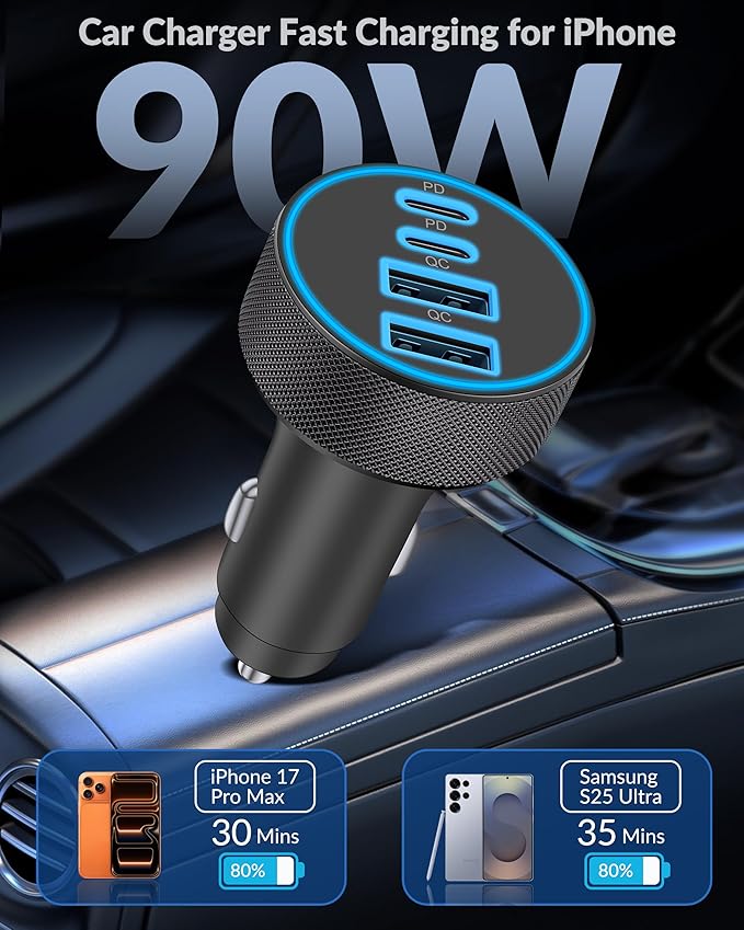 [2-Pack] Car Charger USB C, 4 in 1 90W Fast Charging 4-Port Dual 45W USBC & USB A Phone Car Charger Cargador Carro Lighter Adapter for iPhone 17 16 15 14 13 12 Pro Max, iPad, Galaxy, Tablet, Android
