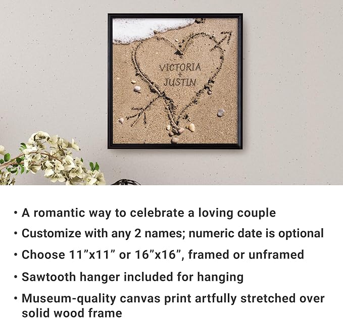 Let's Make Memories Personalized Canvas Wall Art For Couples - Engagement, Wedding, Newlyweds, Anniversary - Home Decor - Heart in Sand - Framed Canvas - 11x11