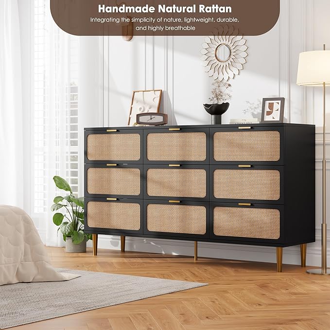 Garvee Rattan Dresser with 9 Drawers, Tall Modern Closet with Deep Storage, Large Chest of Drawers with Wide Top, Long Wooden Dresser for Bedroom, Living Room, Hallway, Kids Room, Black