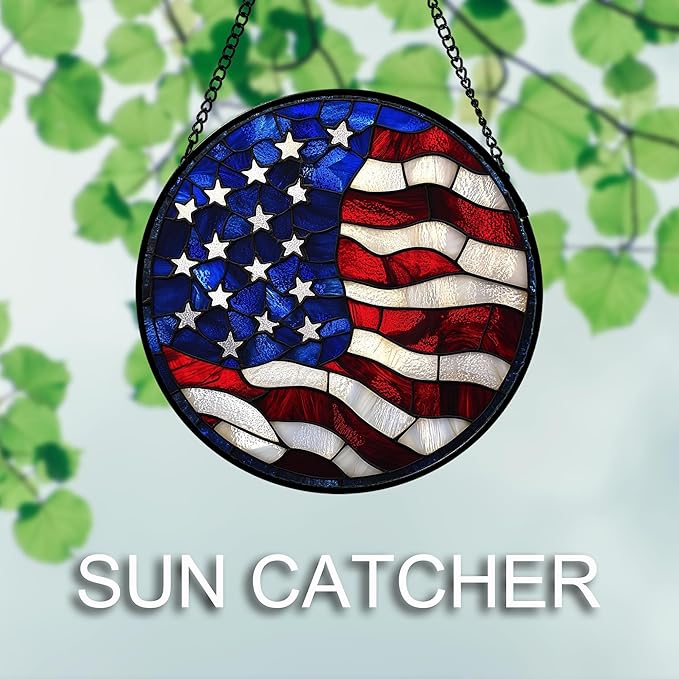 Stained Glass Window Hanging 4 Pcs Set Red Blue Flag Freedom Theme Large 11.8" - Suncatcher Door Garden Sun Catcher Decor Birthday Christmas for Mom Woman Nana Men Friend