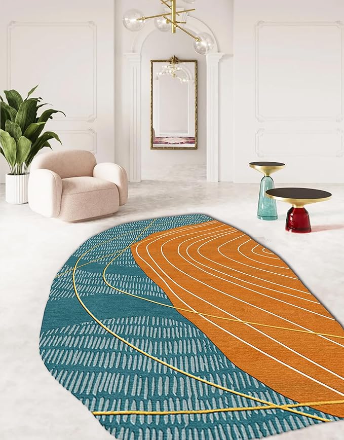 Teal Blue Orange Geometric Lines Abstract Irregular Rug 6x8 Mid Century Modern Washable Carpet for Living Room Bedroom Diningroom Durable Big Area Rug Boho Art Laundry Bathroom Kitchen Non Skid Mat