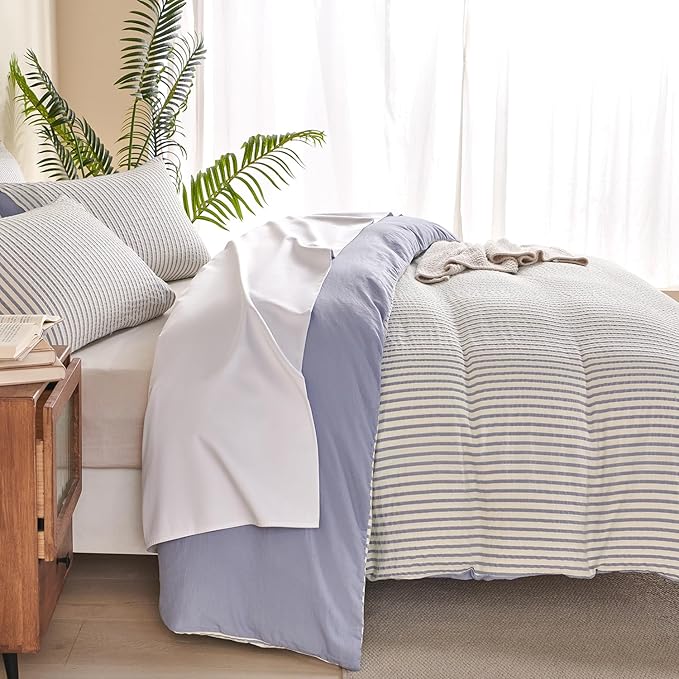 Striped Duvet Cover Queen Blue Washed Microfiber Jacquard 3 Pieces Bedding Set, White Blue Vertical Ticking Stripes Pattern Comforter Cover with Zipper Closure Breathable Durable Soft Comfy