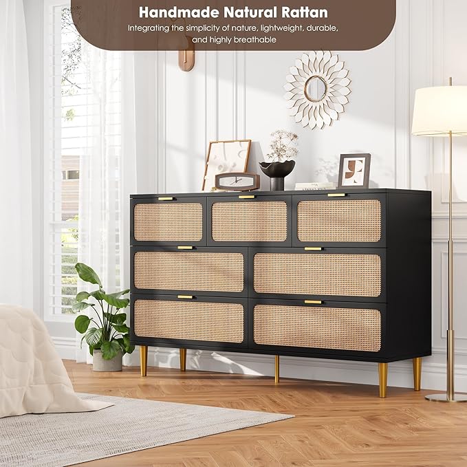Garvee Rattan Dresser with 7 Drawers, Tall Modern Closet with Deep Storage, Large Chest of Drawers with Wide Top, Long Wooden Dresser for Bedroom, Living Room, Hallway, Kids Room, Black