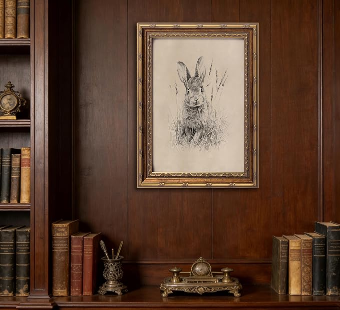 Vintage Gold Framed Easter Bunny Canvas Wall Art Vintage Rabbit Wall Decor Spring Farmhouse Animal Sketch Print Artwork Sketch Rabbit painting Picture for Farmhouse Bedroom Living Room 12X16in