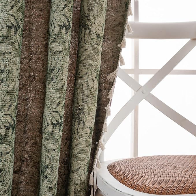 ENJOYBRIDAL Green Leaf 96 Inch Curtains 2 Panel Sets Farmhouse Long Drapes Semi Sheer Rod Pocket Bedroom Rustic Window Curtain Panels Living Room Boho Aesthetic Country Tassel Window Treatments