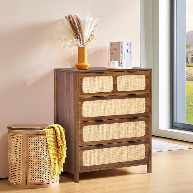 LEVNARY 4 Drawer Dresser for Bedroom, Rattan Dresser Drawers Storage Cane Cabinet, Wooden Chest of Drawers for Bedroom, Entryway, Living Room (1, Walnut)