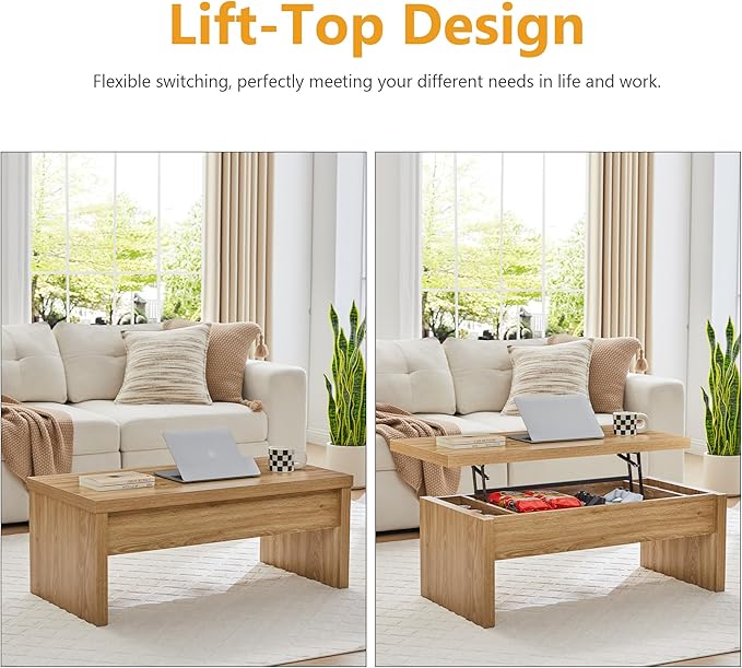 Small Lift Top Coffee Table, Wood Rectangle Coffee Table with Lifting Top and Hidden Storage Compartment, Mid Century Modern Center Tables for Small Space, Living Room, Office (Natural)