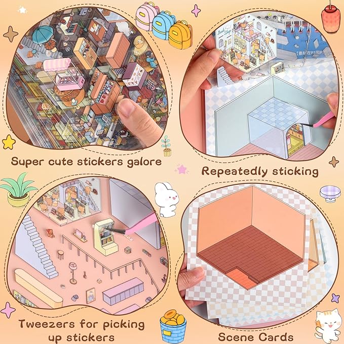 ASTARON 20 Sets DIY 3D Sticker Scene Book Sticker Therapy for Adults, Make Your Own Mini Cozy Shop House Room Stickers Cute Cartoon Miniature Stickers, Relief Stress Pass The Time