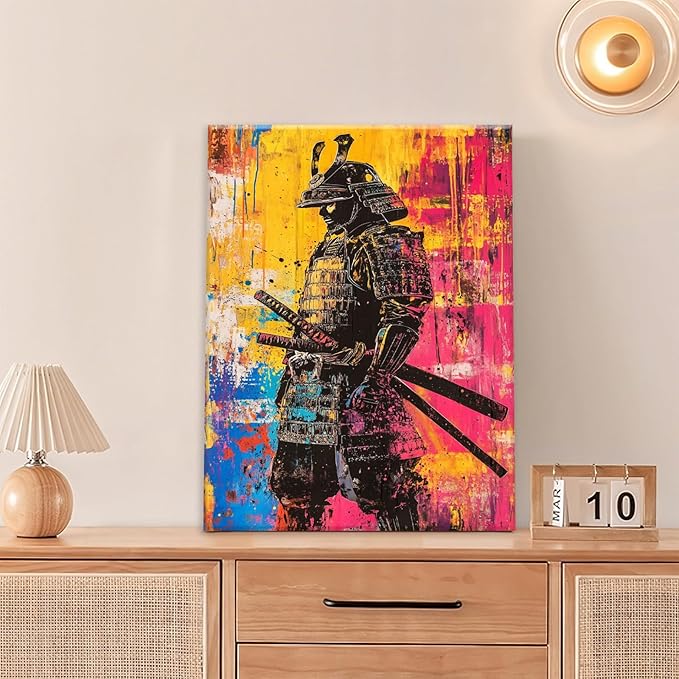 Japanese Wall Art, Graffiti Samurai Pictures Wall Decor, Banksy Samurai Canvas Prints, Japan Painting, Framed Artwork for Bathroom Living Room Bedroom Office Dining Room 24"X20"