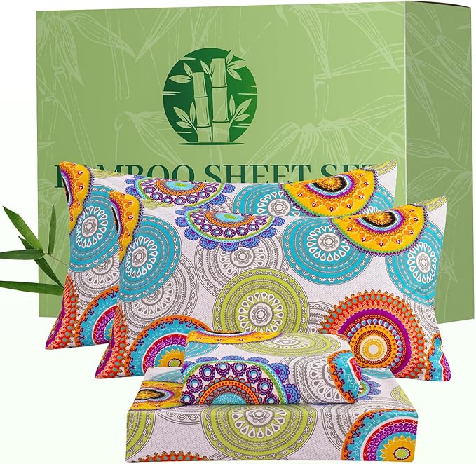 Bedlifes Extra Deep Pocket 18-24" Queen 4-Piece Sheet Set - Cooling Sheets Blend Rayon Derived from Bamboo Soft & Breathable,Featuring Mandala Patterned