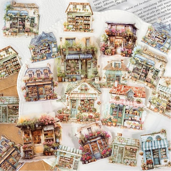 Dwpetzo 6 Pack 180Pcs Nature Scenery Tree House Cottage Castle Manor Scene Stickers for Journaling, Transparent PET Stickers for Scrapbooking, Junk Journal Supplies, Bujo, Collage