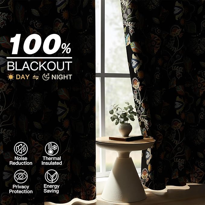 XiDi Black Dark Floral Curtains 102 Inches Long 2 Panels 100% Blackout Patterned Curtains Thermal Insulated Luxury Vintage Flower Botanical Printed Drapes Grommet for Living Room Bedroom Decor 52x102