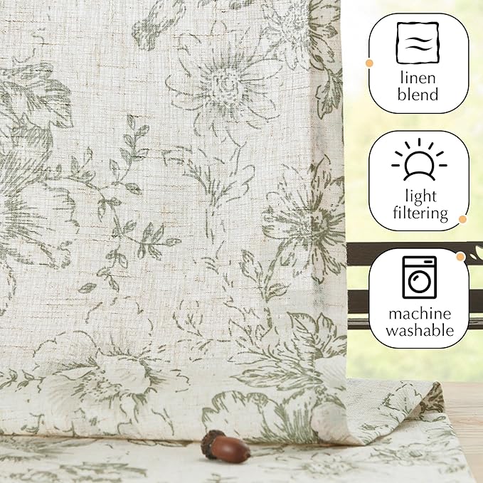 jinachan Pinch Pleated Curtains Floral Linen Blend Curtains for Living Room 84 Inches Length Christmas Green Peony Flower Printed Curtain Rod Pocket Back Tab Farmhouse Drapes with Hooks Set 2 Panels