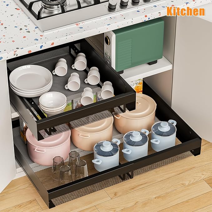 Hisencn Pull Out Cabinet Organizer, Expandable Width 13.9"-22", 21.8" Deep Heavy Duty Slide Out Drawer for Kitchen Cabinets, No Drill Roll Out Shelves with Adhesive Nano Film (Black)