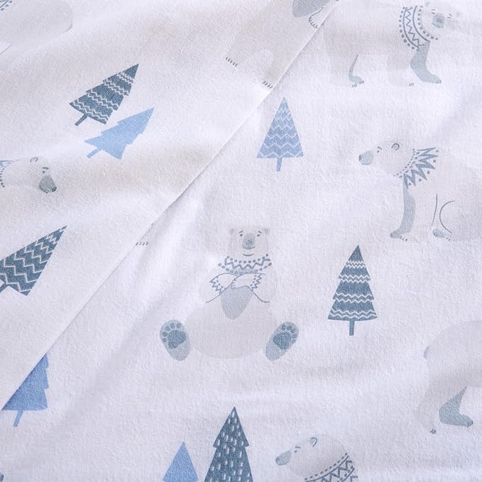 Market & Place 100% Turkish Cotton Flannel Sheet Set | 4 Piece Deep Pocket Novelty Cozy Winter Bed Sheets | Double Brushed for Extra Softness & Comfort | Alpine Collection (Queen, Polar Bears)