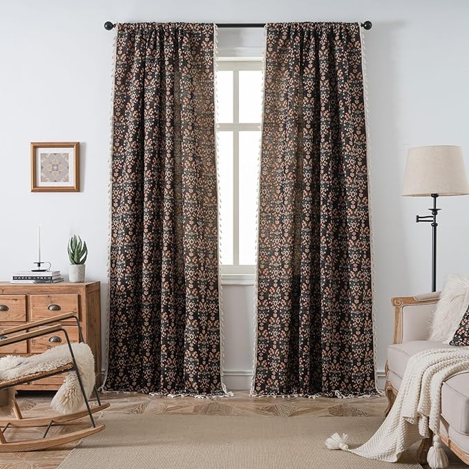 ENJOYBRIDAL Floral 96 Inch Curtains 2 Panel Set Boho Jacquard Drapes Black Living Room Semi Sheer Long Window Curtains Cottagecore Farmhouse Bedroom Chic Decor Rod Pocket Tassel Window Treatments