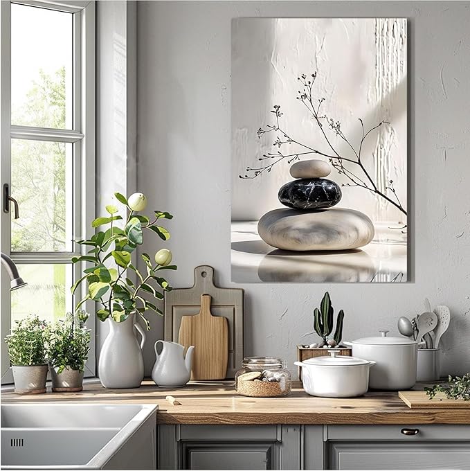 Gray and black stone pile and dried flowers poster canvas wall art in harmony Minimalist wall art for tranquil homes and mindful spaces 20x30in Wood Framed