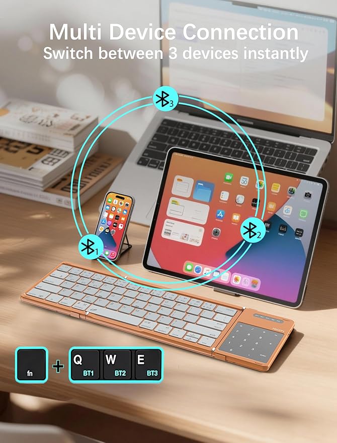 Nillkin Upgraded Foldable Bluetooth Keyboard with Touchpad & Number Pad, Portable Wireless Keyboard for Travel, Pocket-Sized, Full Size Keys, Support 3 Devices for iPad Laptop Tablets Phone, Orange
