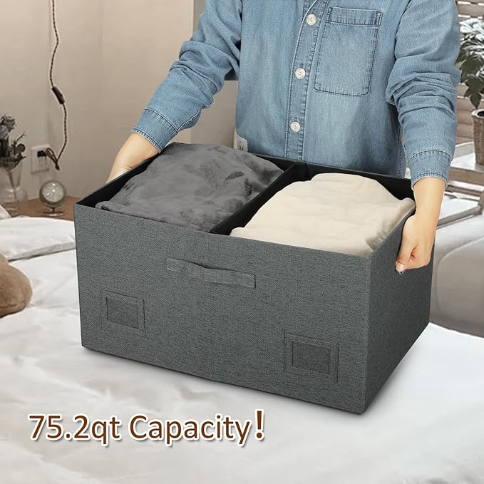75 Quarts Extra Large Decorative Storage Bins with Lids, 3 Packs Dark Gray Collapsible Storage Bins with Lids, Stackable Storage Bins Decorative Box Storage With Lid Extra Large