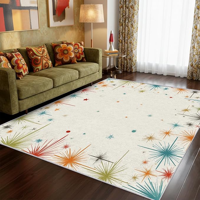 Mid Century Modern Rug Large 7x10 50s 60s Retro Starburst Pattern Area Rugs for Living Room, Bedroom, Mid Century Modern Home Decor Accessories Indoor Carpet, Non Slip & Machine Washable