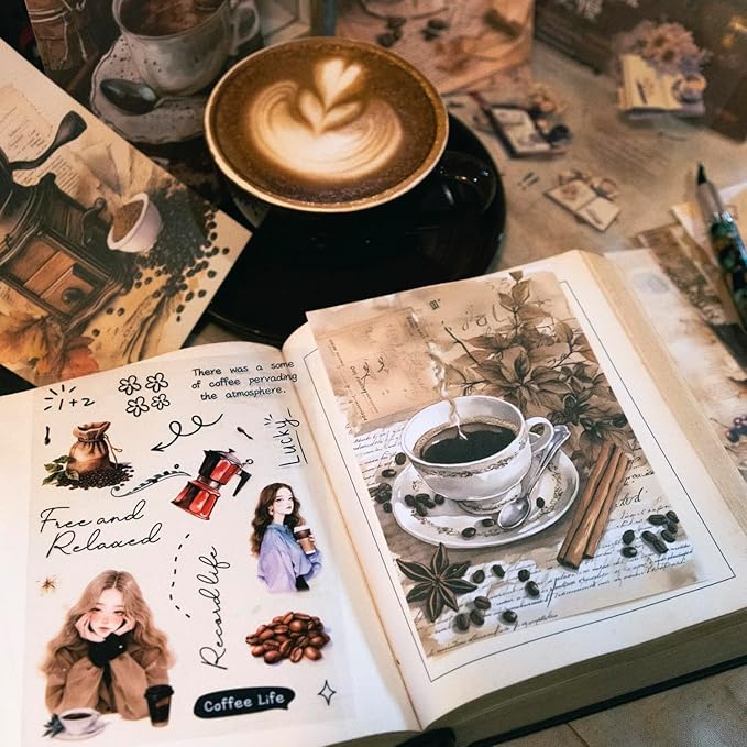 MiyouLuna 6Pcs Coffee Sticker Books, PET&Washi Stickers for Scrapbooking, DIY Crafts, Journaling Supplies & Junk Journal Ephemera