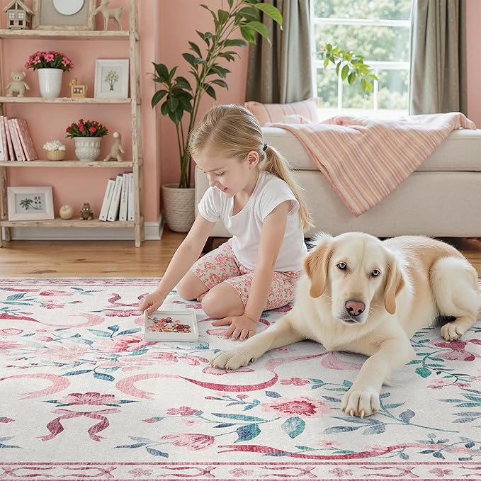 DCX Pink 2x6 Runner Rug, Machine Washable with Non Slip Backing Vintage Floral Hallway Bow Rug Soft Low Pile Stain Resistant, Kitchen, Bathroom, Front Door