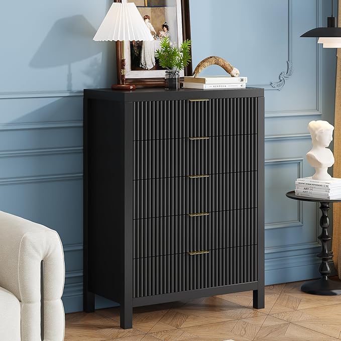 JZXSHD 43" 5 Drawer Dresser Tall Dresser Organizer TV Drawer Cabinet Modern Wood Storage Cabinet, Modern Wood Storage Cabinet for Bedroom, Hallway, Entryway, Black
