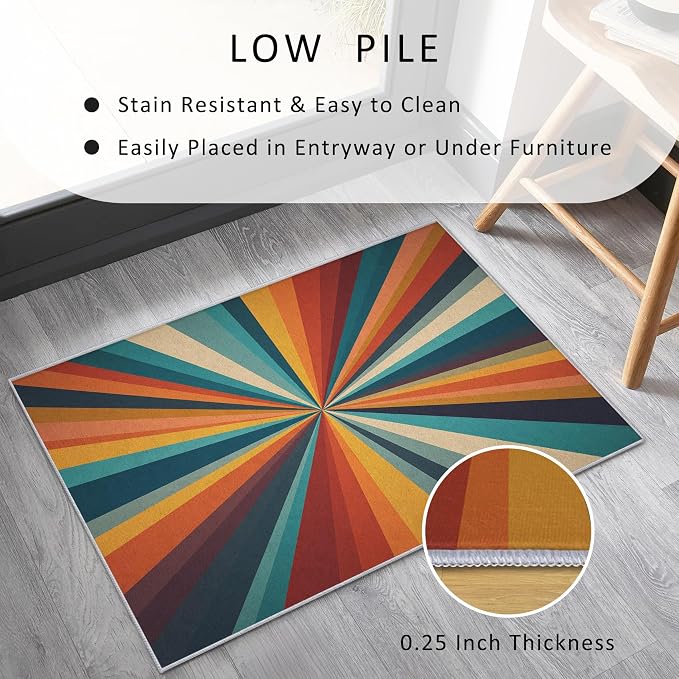 Retro Sunburst Rugs 3x4, 70s Colorful Abstract Washable 3 x 4 Area Rug for Living Room, Bedroom, Low Pile Non Slip Stain Resistant Carpet, Retro 70s Home Decor Accessories & M872