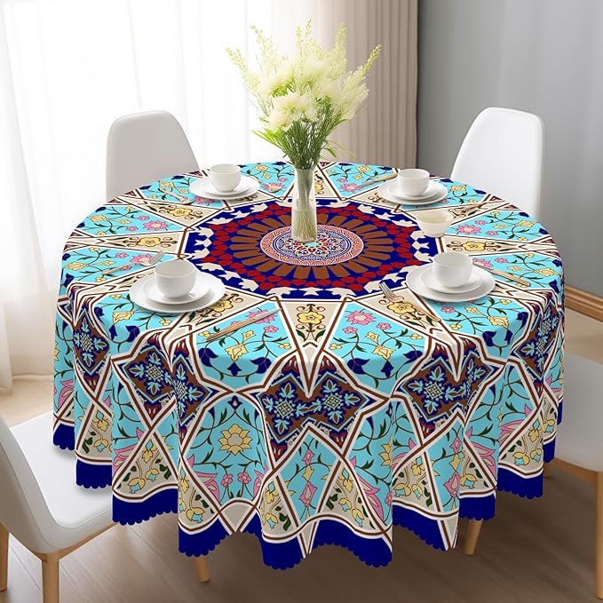 Eikione Boho Round Tablecloth 60inch, Tablecloth Waterproof and Wrinkle-Free, Boho Table Covers, Summer Decorations for Home