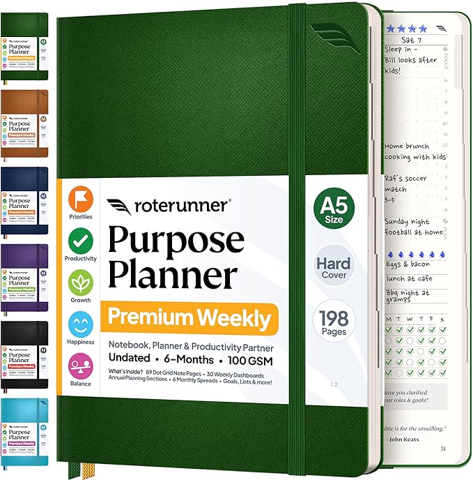 Roterunner Purpose Planner Notebook A5 5.8”x8.3” Undated 2026 Daily Weekly and Monthly Productivity Goal Setting Tool for Work Home ADHD Planner for Adults Self Care Journal (Green Hardcover)