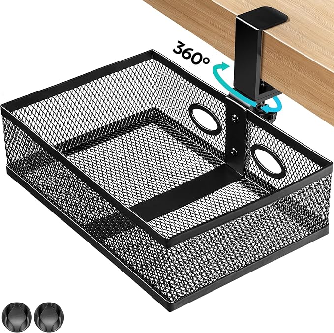 Pulchrum Under Desk Drawer Organizer Clamp On - 360° Swivel Metal Mesh Storage Basket, Hidden Rotating Desktop Tray for Standing Desk, Office Supplies & Gaming (No Drill, Black)