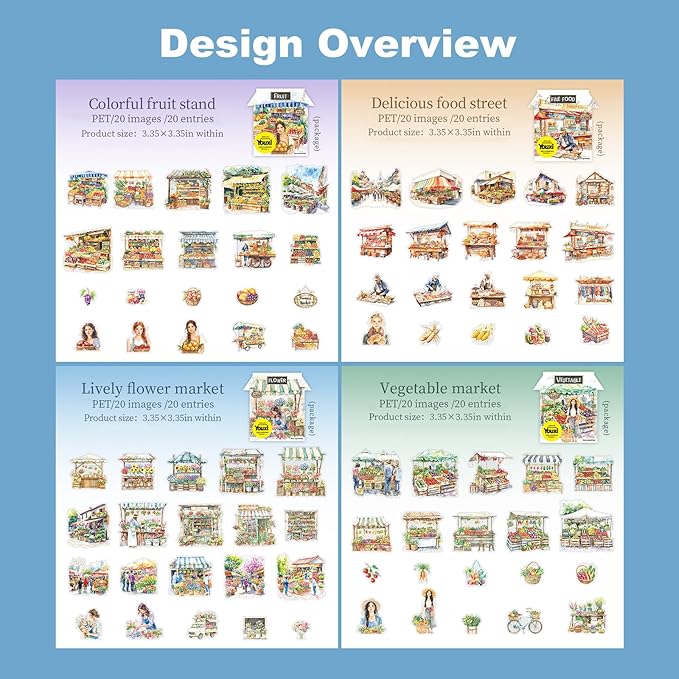 AuriicLeaf Farmers Market PET Stickers, 80PCS Bazaar-Themed Journal Supplies for Scrapbooking, DIY Crafts, and Planner Embellishment
